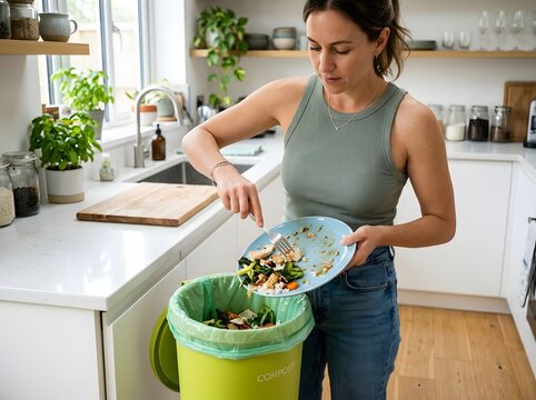 Woman scraping leftover food waste from a plate into a green compost bin in the kitchen