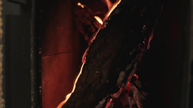 Open metal wood-burning stove with glowing logs and flames burning inside, creating a warm fire.