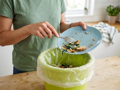Close up of a person scraping leftover meal scraps from a plate into a compost bin with leftovers