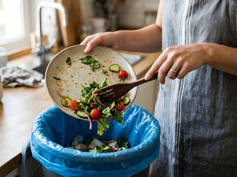 Woman scraping leftover salad from a plate into a compost bin in the kitchen with scraping, disposal