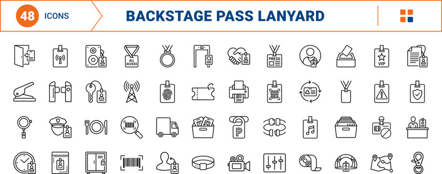 Backstage Pass Lanyard line icon set. Vector pictograms of access, security, event, and credential elements, thin linear illustration.