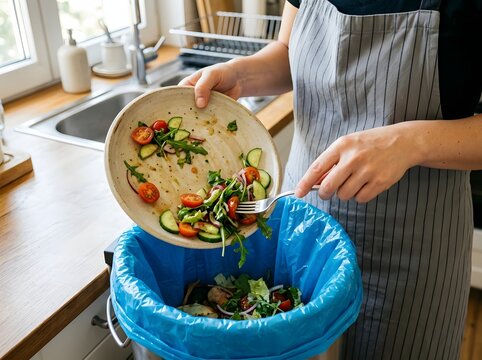 Woman scraping leftover salad from a plate into a compost bin using a fork with scraping, leftovers