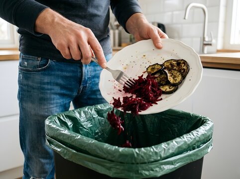 Man scraping leftover food from a plate into a compost bin in the kitchen with scraping, leftovers