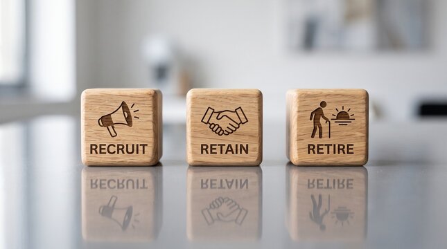 Recruit retain retire wooden blocks displaying human resource management concepts