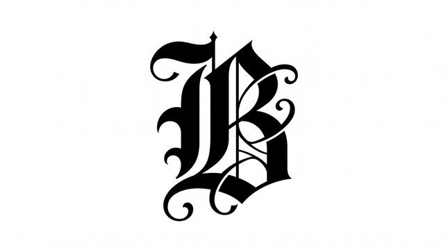 Old english gothic letter b monogram with intricate decorative scrolls, alphabet