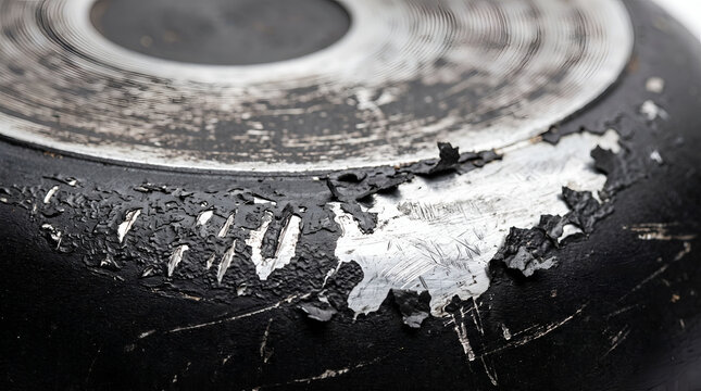 Scratched and peeling black teflon coating on a used non-stick frying pan