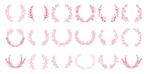 Collection of pink laurel leaf wreaths. Hand drawn line art semi circular botanical borders for monogram crests. © nguyenhuu