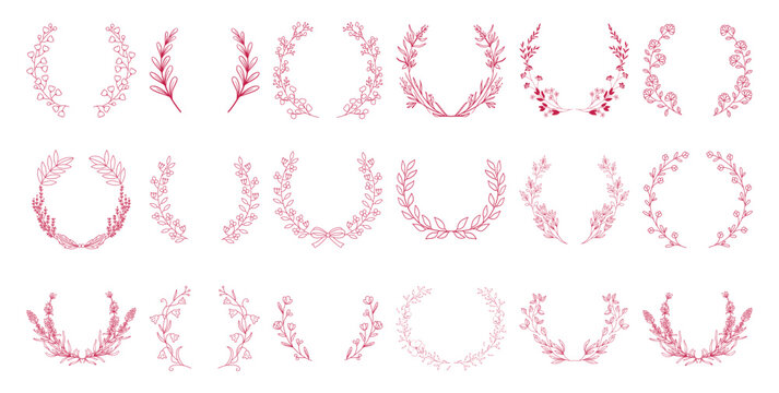 Collection of pink laurel leaf wreaths. Hand drawn line art semi circular botanical borders for monogram crests.