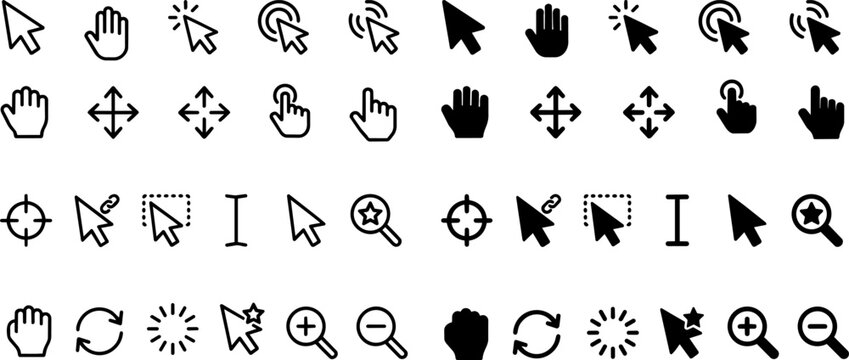 Computer mouse cursor icon set, black and white arrow pointers, 50 digital interface hand and clicker vectors for web design ,Clean grouped each Icon