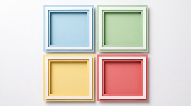Four empty square frames in pastel blue, green, yellow, and red are arranged in a 2x2 grid on a white wall.