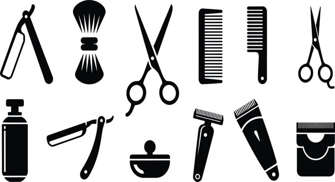 Barbershop professional tools set black silhouette vector, barber equipment scissors comb razor trimmer icons collection