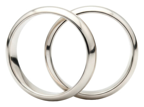 Two identical, polished sterling silver wedding rings intricately intertwined on a transparent background with creamy bokeh, symbolizing eternal unity and commitment concept