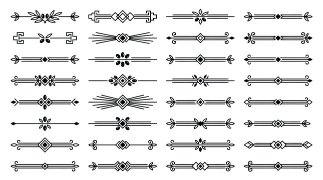 Vintage decorative dividers set, 32 black ornamental line borders, retro geometric page separators for wedding invitations and stationery