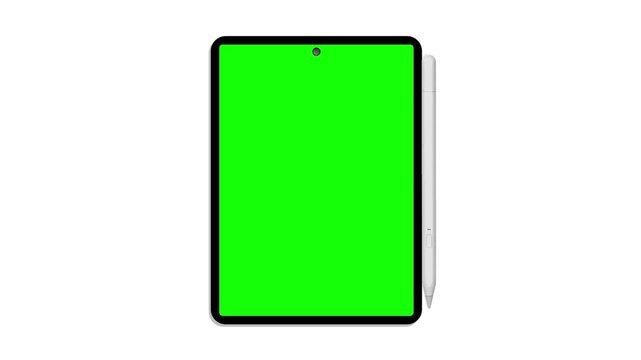 Vertical digital tablet mockup with stylus pen and green screen display in portrait orientation