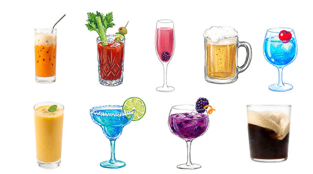 Set of various colorful alcoholic cocktails and refreshing drinks isolated on white background