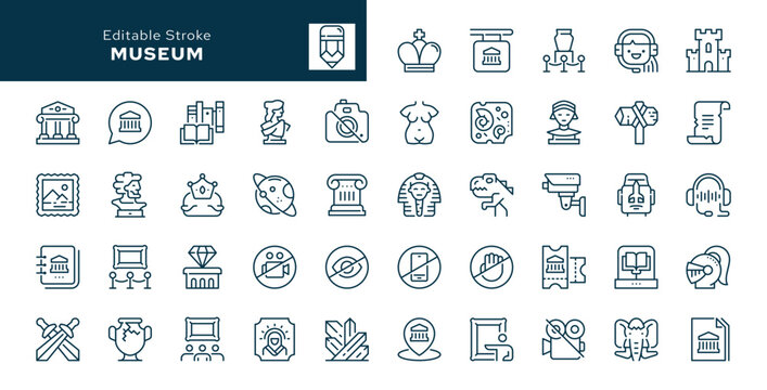 Museum outline icons set. Art gallery, archaeological, historical exhibition, sculpture, ancient exhibits. Line icon in linear style. Vector collection