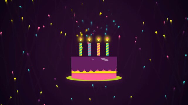 Animated birthday cake with four burning candles on dark background with colorful falling sparklers