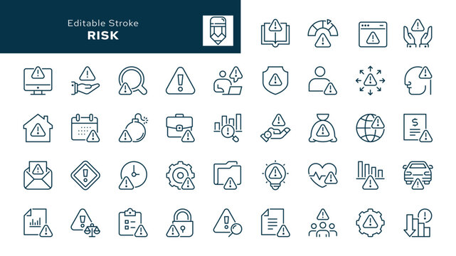 Risk outline icons set. Warning, crisis, adverse event, threat, negative risk, error, malfunction, spam, alert and more. Line icon in linear style. Vector collection
