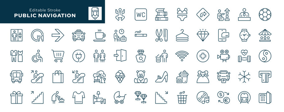 Public navigation outline icons set. Line icon in linear style. Vector collection	