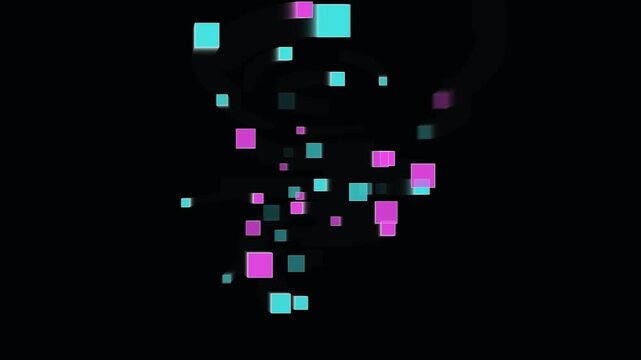 Abstract swirling neon cyan and magenta 3D cubes rotating on a dark black background loop