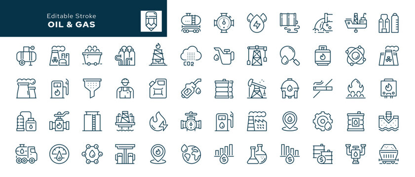 Oil and gas outline icons. Fuel, petrol, industry, barrel, tanker, station and more. Line icon in linear style. Vector collection
