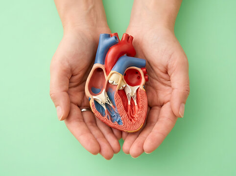 Human heart model held in open hands