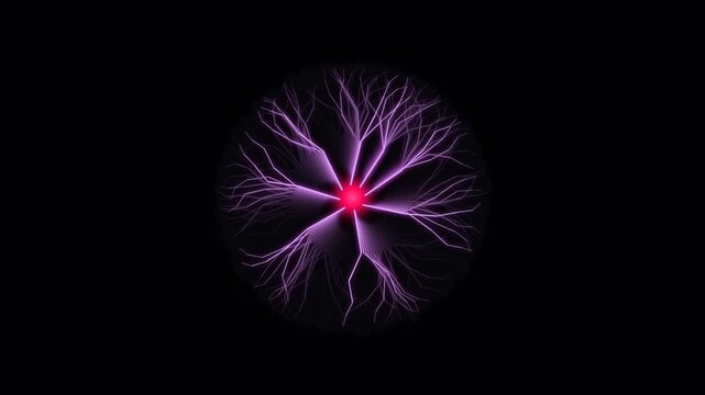 Glowing plasma ball with pink lightning arcs radiating from a bright red core on black background