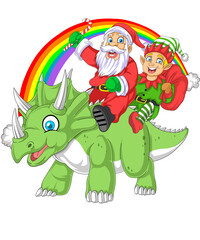 Cute Santa Claus and elf riding triceratops dinosaur on rainbow Christmas vector illustration © Totu Tayo