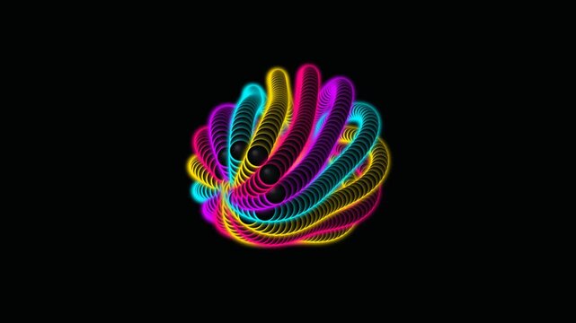 Mesmerizing neon glowing 3D spiral tubes rotating into a sphere shape on black background