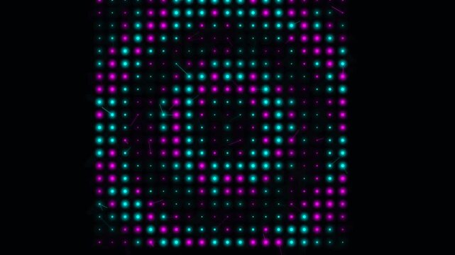 Pulsating neon led light grid background with glowing pink and cyan digital square dots in loop