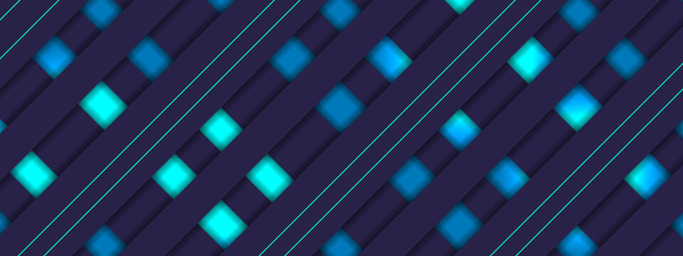 Abstract Dark Blue Technology Background with Diagonal Glowing Cyan Square Tiles