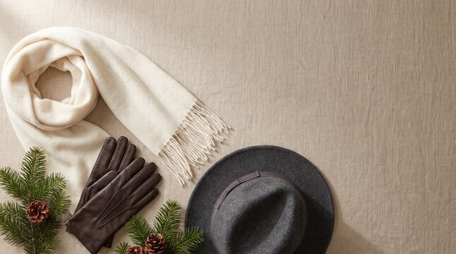 Flat lay of winter fashion accessories including white scarf leather gloves and hat