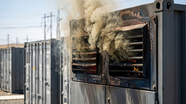 Battery energy storage thermal runaway dense smoke damaged industrial container near electrical power infrastructure creates dangerous scene, highlighting fire risk and emergency response
