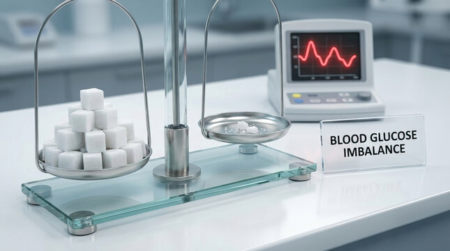Balance scale measuring blood glucose imbalance with sugar cube pile and medical monitor clinical laboratory setting, illustrating metabolic disorder, diagnostic testing, and healthcare research