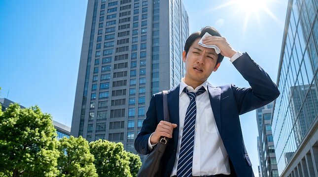 Young asian businessman feels extreme heat while walking near glass office buildings during hot sunny summer day wiping sweat with white cloth on his forehead.