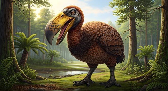 Extinct Dodo bird standing in a lush prehistoric forest during golden hour sunlight