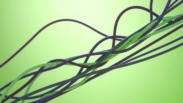 Climbing Rope is shown in tangled loops and strands on a bright green background