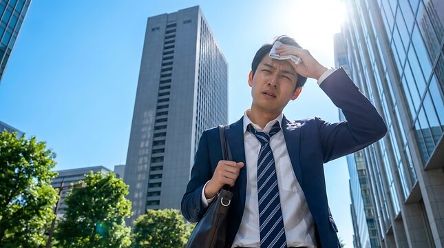 Young asian office man feels heat exhaustion while wiping forehead with white cloth under bright sunny sky near modern city skyscrapers during summer season.