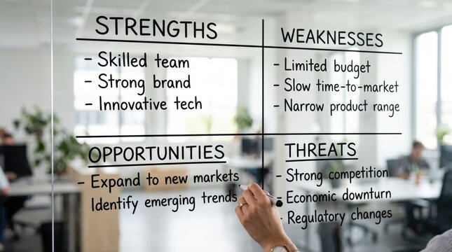 A business professional writes a SWOT analysis on a transparent board, highlighting strengths, weaknesses, opportunities, and threats in a modern office setting.