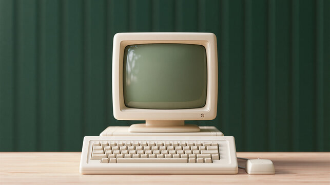 A vintage desktop computer with a keyboard and mouse sits on a wooden desk against a green background representing old technology and classic office equipment