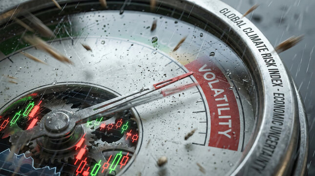 Climate risk economic uncertainty market gauge needle volatility dial under rain, illustrating financial crisis, environmental pressure, falling value, and urgent market danger