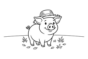 Fototapeta premium Line drawing of a pig wearing a straw hat on black background