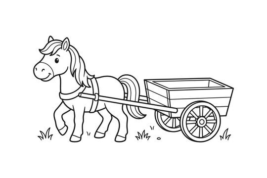 Line drawing depicts a horse pulling a wooden farm cart