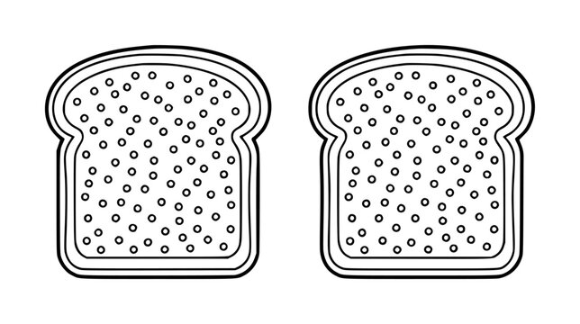 Simple black and white line featuring two slices of bread isolated on a plain white background