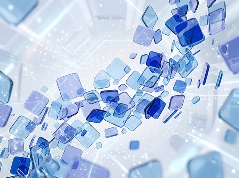 Abstract Floating Glass Cubes in Ethereal Blue and Translucent Space with Dynamic Light Rays and Sparkling Particles