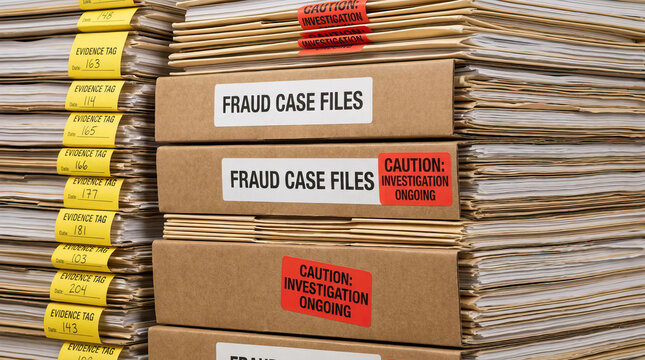 Fraud case file archive investigation folder evidence tag with caution label and stacked paper document for legal research, criminal inquiry, financial crime, and administrative work