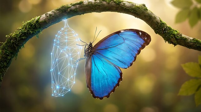 Blue morpho butterfly emerging from digital wireframe chrysalis on tree branch featuring glowing geometric nodes for transformation concepts in modern technology.