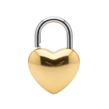 Luxurious polished 24k gold heart padlock with a brushed sterling silver shackle, closed on a transparent studio background, an elegant symbol of love and security