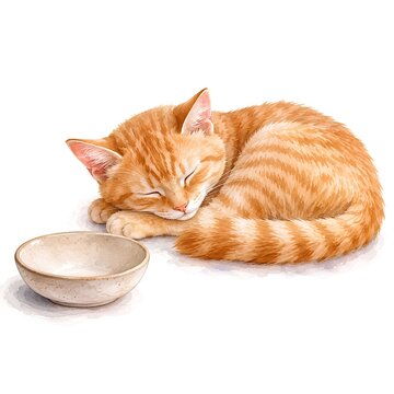 An illustration of a cat fast asleep from being overly full, with a food bowl beside it, set against a white background.