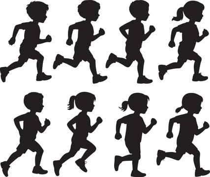 Running Children Silhouettes Motion Sequence Collection Set Black and White Illustration